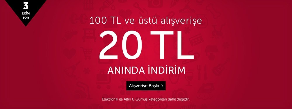 100 TL'lik alışverişe 20 TL indirim.